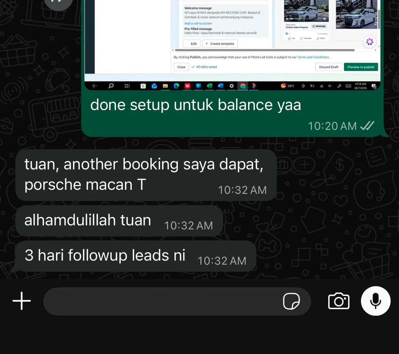 WhatsApp chat showing a Porsche Macan booking confirmation