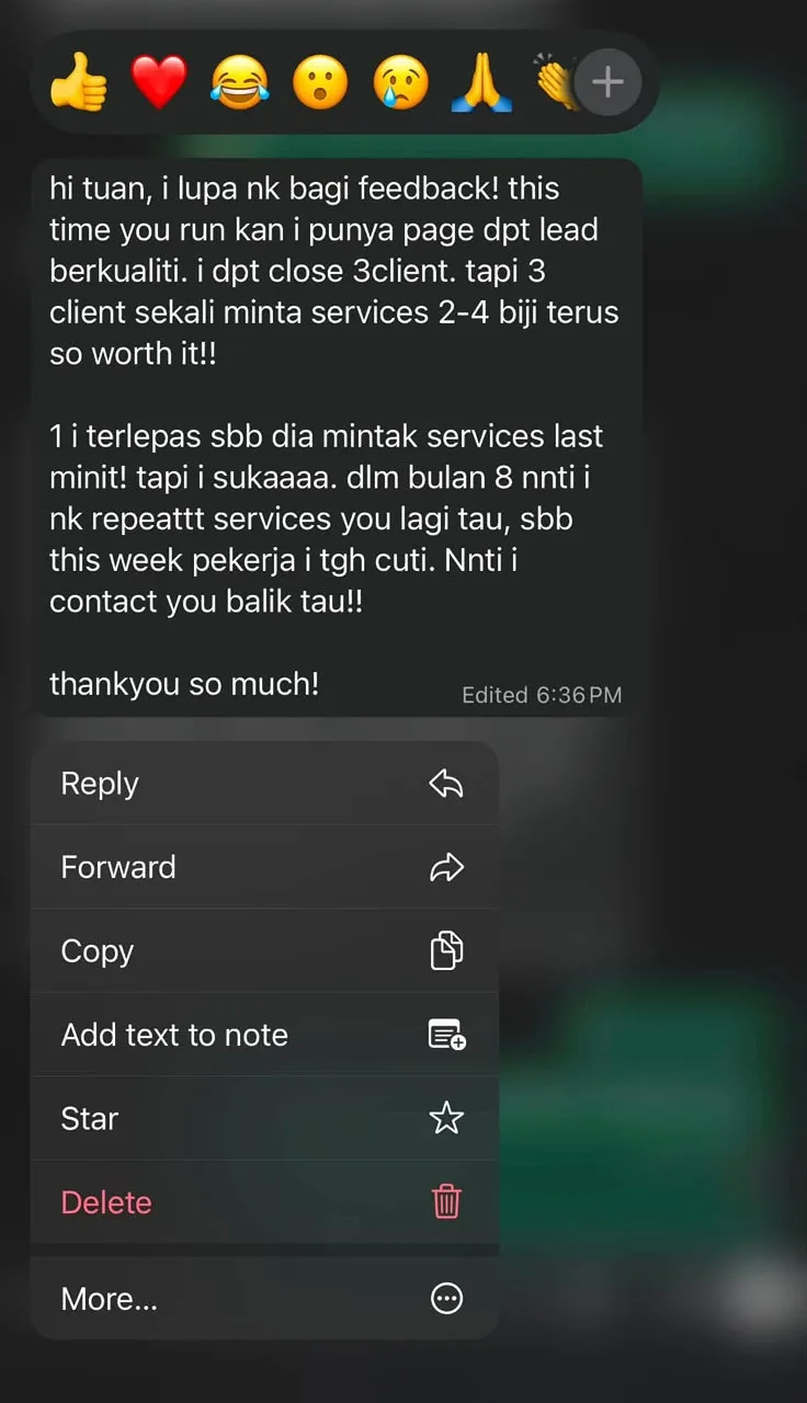 Client feedback text message about closing 3 clients in first month