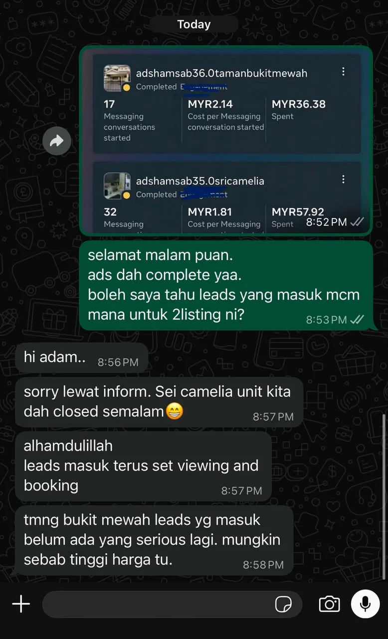 WhatsApp chat showing client engagement